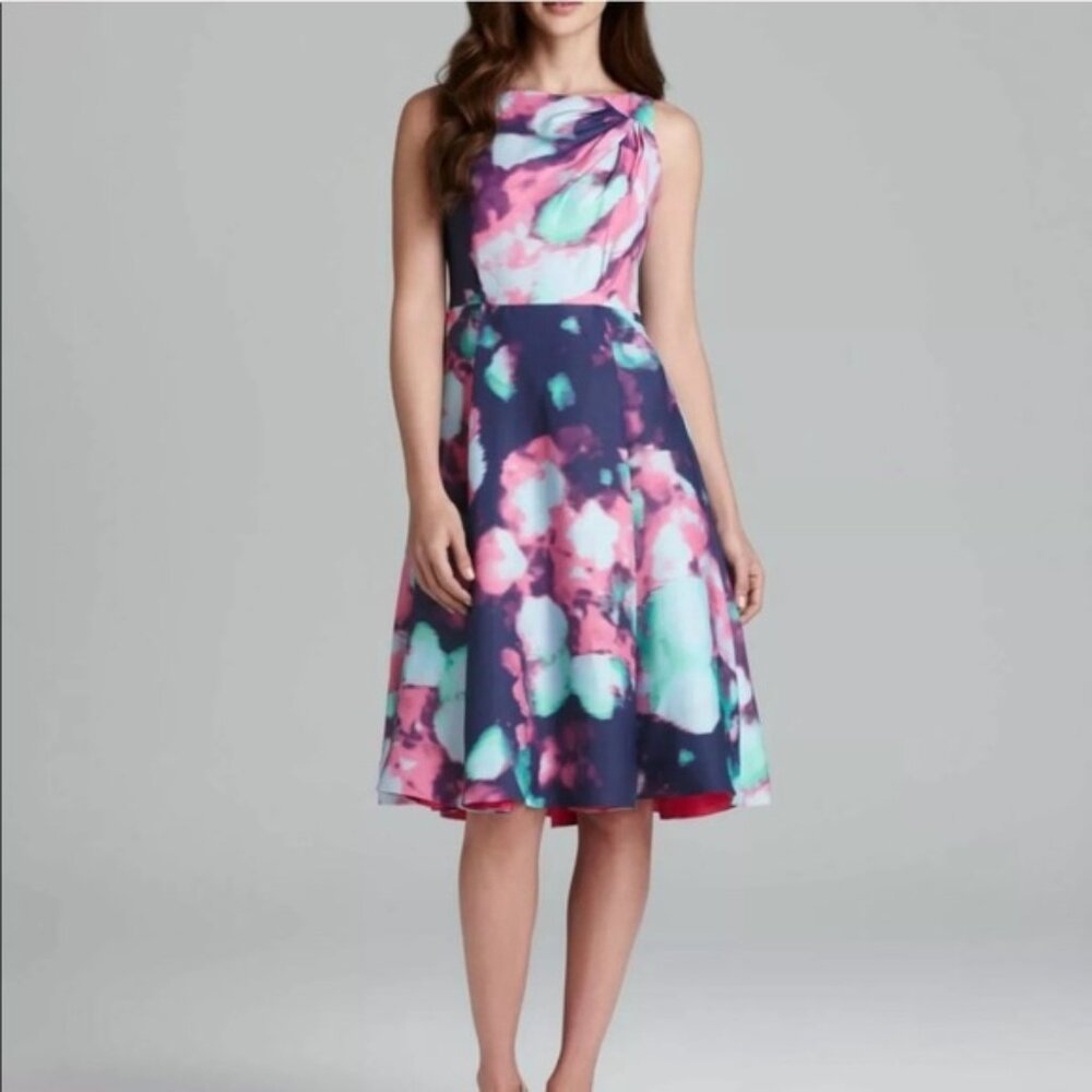 Kate Spade Olivia Fit & Flare Dress Sz 4 Watecolor Pink Green Purple Pleated